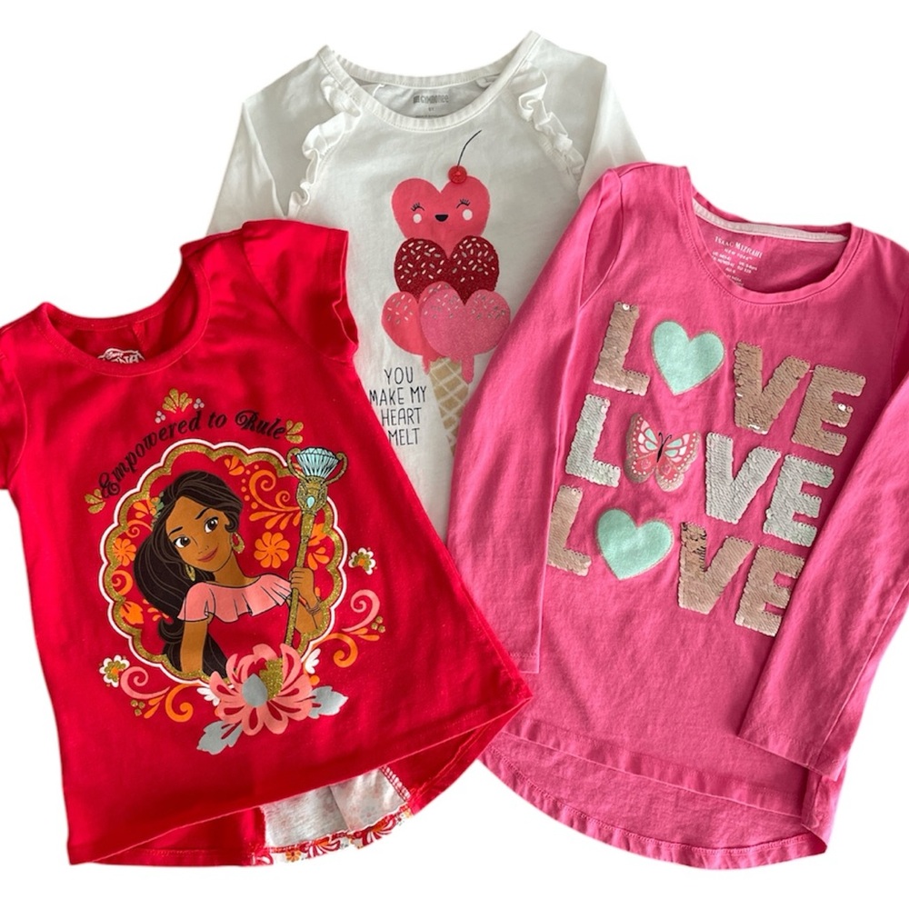 Bundle of 3 Girls' Graphic Shirts- Red, White, Pink